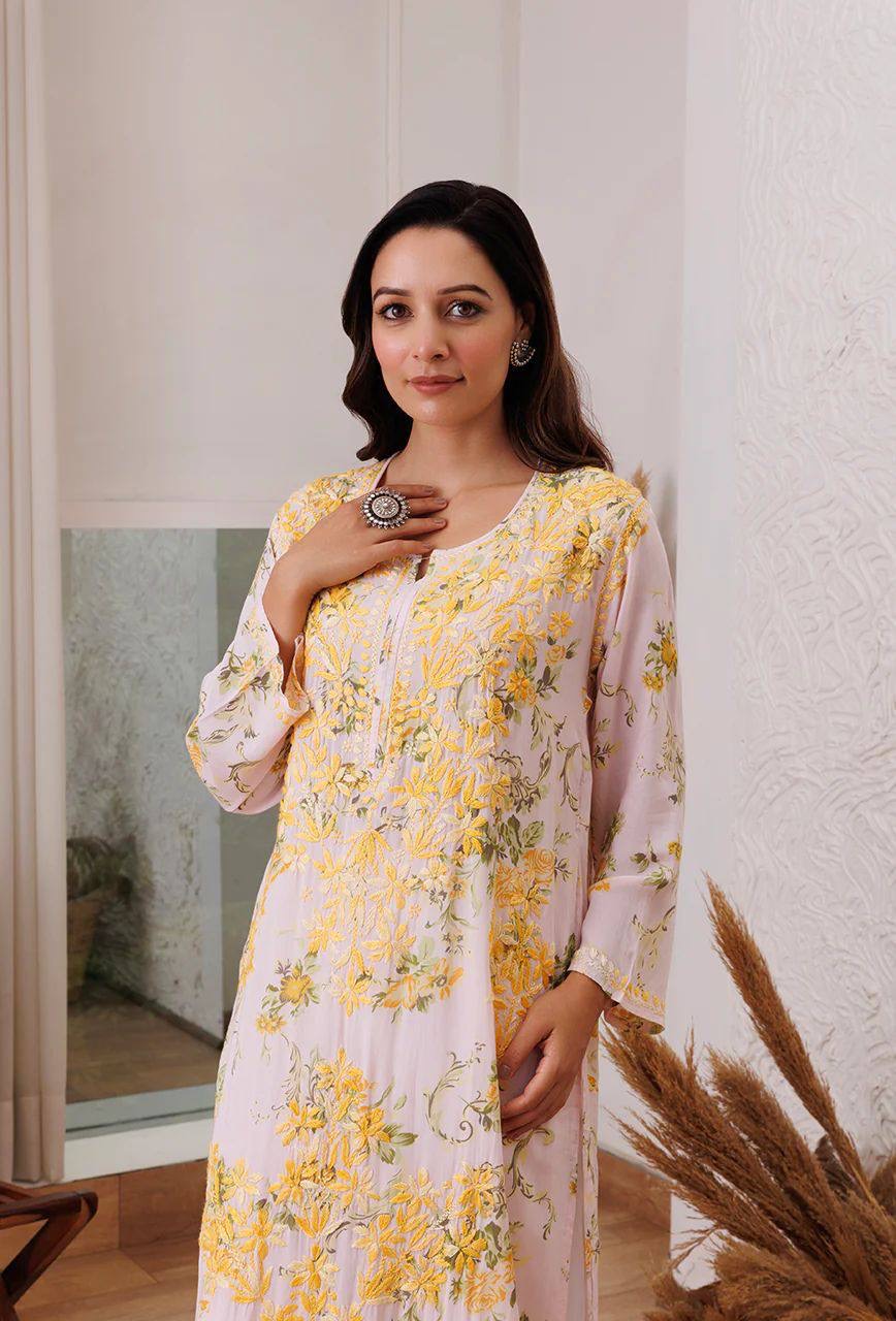 PRINTED REYON TOP WITH COTTON THREAD EMBROIDERED WORK AND WORK PLAZO